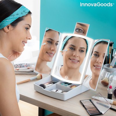 Miroir pliant LED InnovaGoods Panomir avec organisateur de maquillage 3-en-1